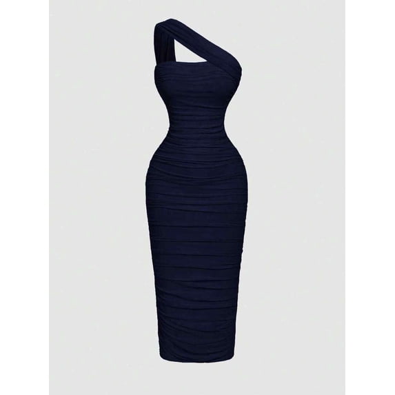 Navy Blue Ruched One Shoulder Bodycon Midi Dress, Elegant Evening Dress For Women