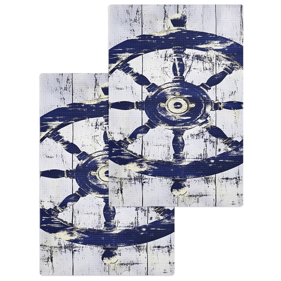 Navy Blue Rudder Coastal Hand Towels Set, Waffle Weave Kitchen Towels 2 Pieces, Nautical Beach Ocean Retro Microfiber Hair Face Bath Tea Towel Absorbent Quick Drying Cleaning Dish Cloths, 15.7"x23.6"