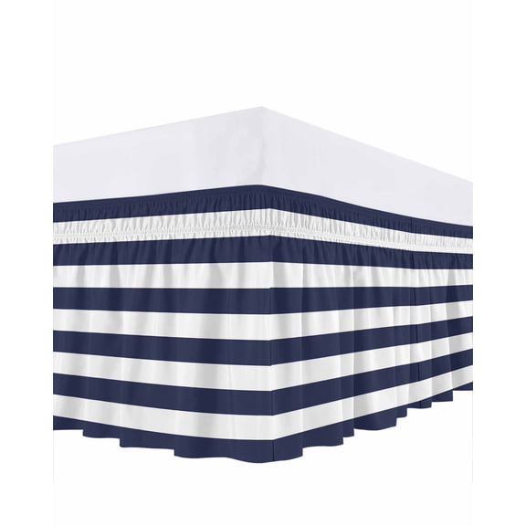 Navy Blue Ruffle Bed Skirt Queen Size White Stripe Adjustable Elastic Dust Bed Skirts Wrap Around Bedskirt Wrinkle Free Easy Fit with 16 Inch Drop