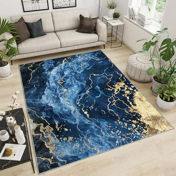 Navy Blue Rug, Gold Marble Abstract Rug For Dining Room, Washable Rug Soft Thin Foldable Non-Slip Low-Pile Floor Rug For Living Room Bedroom Apartment 5x6ft