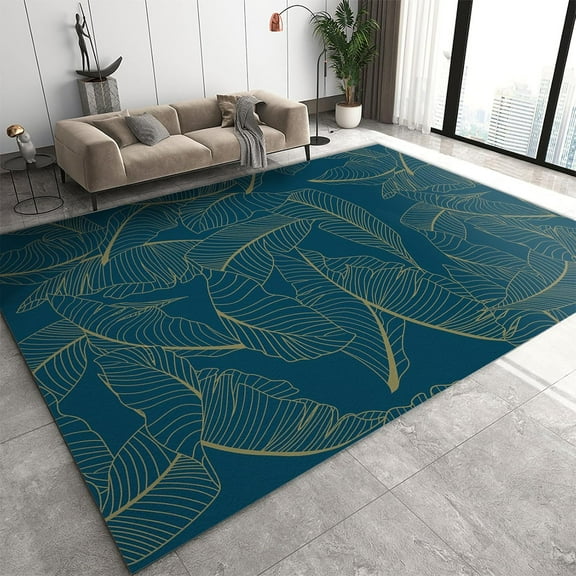 Navy Blue Rug, Simple Stripes Rainforest Plant Banana Leaf Pattern Tropical Area Rugs, Soft Comfy Non-Slip Breathable Carpet for Living Room Apartment Room Decor Mats 2ft x 3ft
