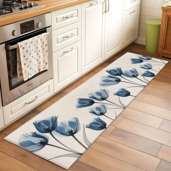 Navy Blue Runner Rugs 2x6 ft Tulip Minimalist Modern Flower Art Linen Background Washable Hallway Rugs Non-Slip Floor Mats Absorbent Carpet Bedside Runners for Bedroom Kitchen Bathroom Laundry Room