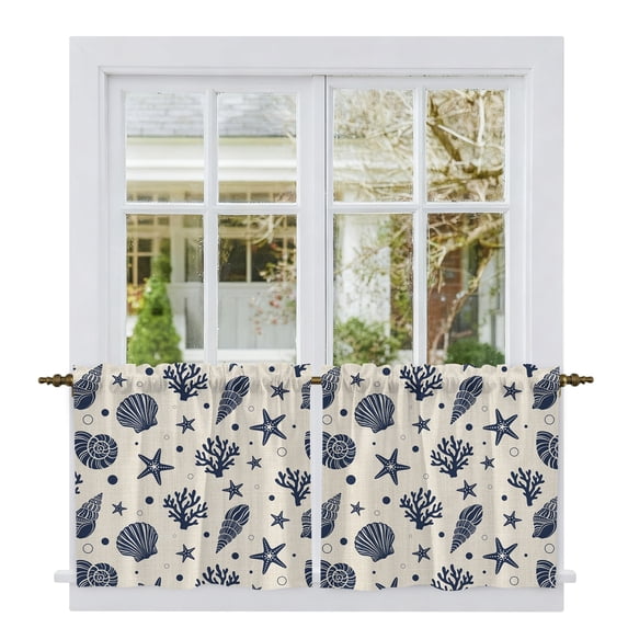 Navy Blue Rustic Coastal Tier Curtains 24 Inch Length, Nautical Seaside Starfish Coral Cafe Short Curtains for Bathroom Over Sink, Small Kitchen Curtain Light Filtering Drapes 2 Panels 27.5"Wx24"L