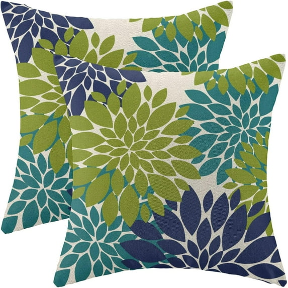 Navy Blue Sage Green Teal Pillow Covers 16x16 Inch Set of 2 Dahlia Floral Decor Throw Pillows Summer Modern Geometry Flower Outdoor Decorative Cushion Cases for Sofa Couch Bed Decorations