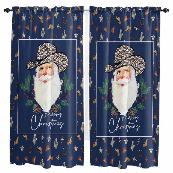 Navy Blue Santa Christmas Kitchen Curtain 2 Panels Curtains 72 Inch Length, Western Cowboy Xmas Botanical Curtains Rod Pocket Curtains Window Drapes Treatment Window Cafe Curtains