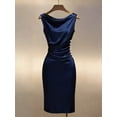 thumbnail image 1 of Navy Blue Satin Cowl Neck Sleeveless Ruched Midi Dress With Pearl Buttons, 1 of 4