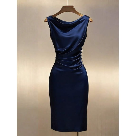 Navy Blue Satin Cowl Neck Sleeveless Ruched Midi Dress With Pearl Buttons