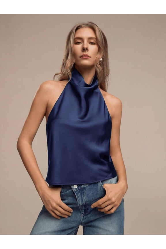 Navy Blue Satin Halter Neck Backless Top For Women, Elegant Funnel Neck Summer Blouse
