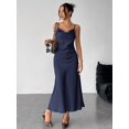 thumbnail image 1 of Navy Blue Satin Slip Dress With Spaghetti Straps And Cowl Neck For Evening Or Date Wear, 1 of 7