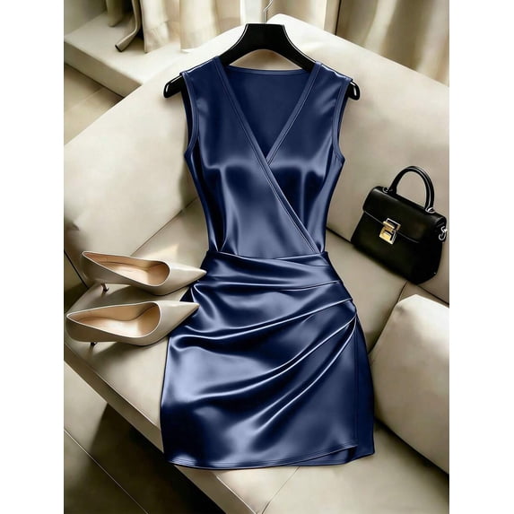 Navy Blue Satin V-Neck Sleeveless Wrap Mini Dress With Ruched Waist For Day Or Evening