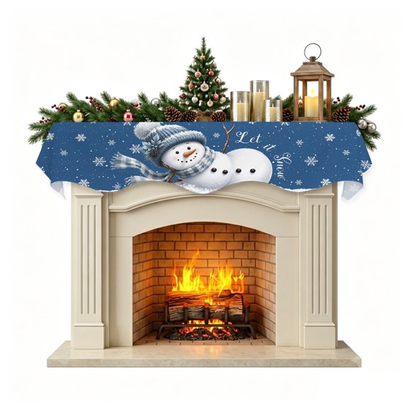 Navy Blue Scarf Snowman Christmas Mantel Scarf Fireplace Decorations for Living Room, Winter Xmas Snowflake Fireplace Mantel Scarf Cover Runner for Halloween/Thanksgiving/Christmas Decor 70"x17"
