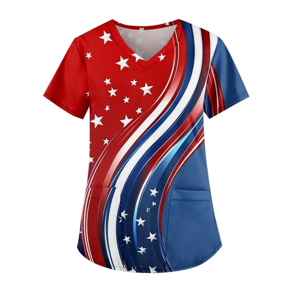Navy Blue Scrubs, 4Th Of July Tops Women Plus Size V Neck Short Sleeve Workwear With Double Layer Pockets Red White And Royal American Flag Top Shirts Scrubs Shirts Tank (3XL, Red) ZMTing