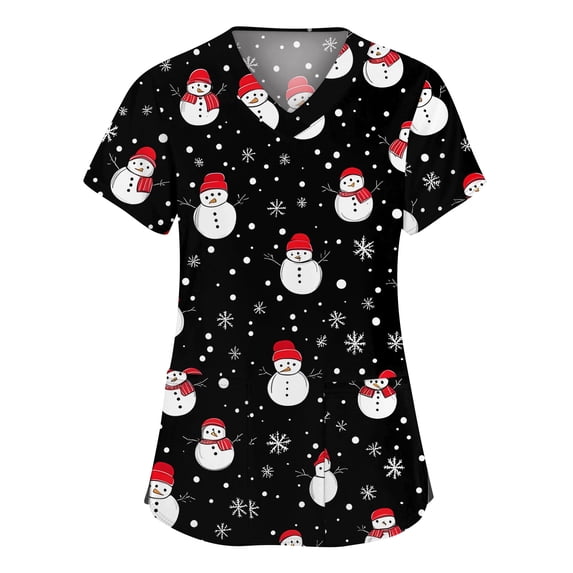 Navy Blue Scrubs for Women, Halloween Print Tops Medical Nursing Uniforms with Pockets Short Sleeve Scrub V Neck Shirt Classic Fit V-Neck Top Nurse 2025 Women Workwear Black S