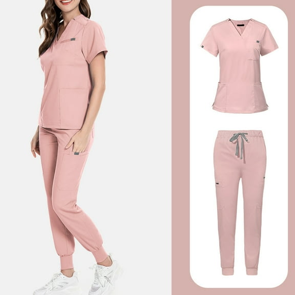 Navy Blue Scrubs,Womens Scrub Sets with Mandarin Collar,Unisex Jumpsuit Workwear,Medical Uniform for Doctors, Nurses, Beauty Salons - Pink - M