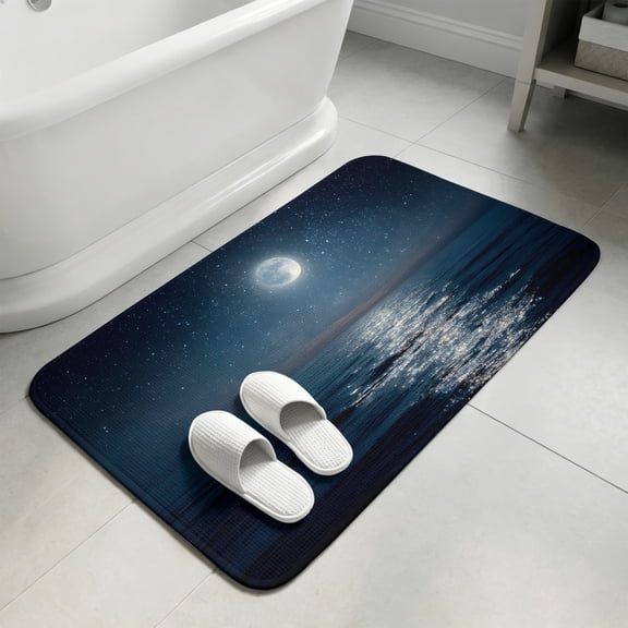 Navy Blue Sea Bathroom Rugs Non Slip Washable Bath Mat Absorbent Low Pile Front Door Mat Moon Nautical Summer Ocean Sea Indoor Doormat for Kitchen Entryway Shower Decor Accessories 15.7"x23.6"