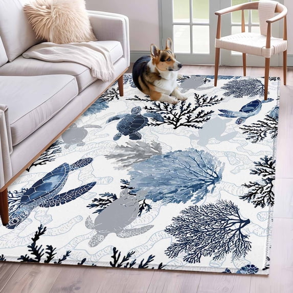 Navy Blue Sea Turtle Coastal Area Rugs 4'x6', Washable Small Throw Rugs for Office Bathroom, Summer Beach Black Coral Nautical Indoor Outdoor Rug Non-Slip Low Pile Carpet Runner Reversible Floor Mats