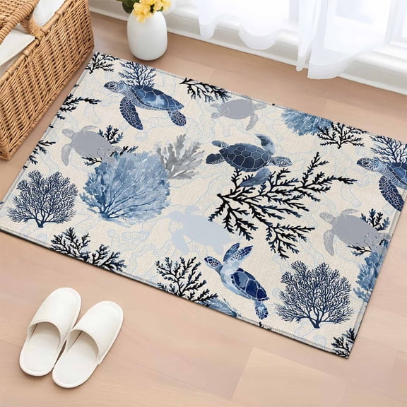 Navy Blue Sea Turtle Coastal Entryway Rug 2'x3' Non Slip Front Door Mats, Beach Black Coral Nautical Rustic Entrance Rugs Indoor Outdoor Carpet, Floor Mats Small Area Rug for Bedroom Kitchen