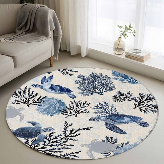 Navy Blue Sea Turtle Coastal Round Area Rug 3Ft Washable Small Circle Rugs for Kitchen Entryway, Beach Black Coral Nautical Rustic Non-Slip Carpet Floor Mats Indoor Outdoor Carpet Runner Home Decor