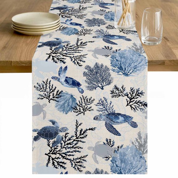 Navy Blue Sea Turtle Coastal Table Runner - 36 Inch Long Beach Black Coral Nautical Rustic Cotton and Linen Blended Dress Scarves Farmhouse Table Runner for Kitchen Dining, Coffee Table, 13" x 36"