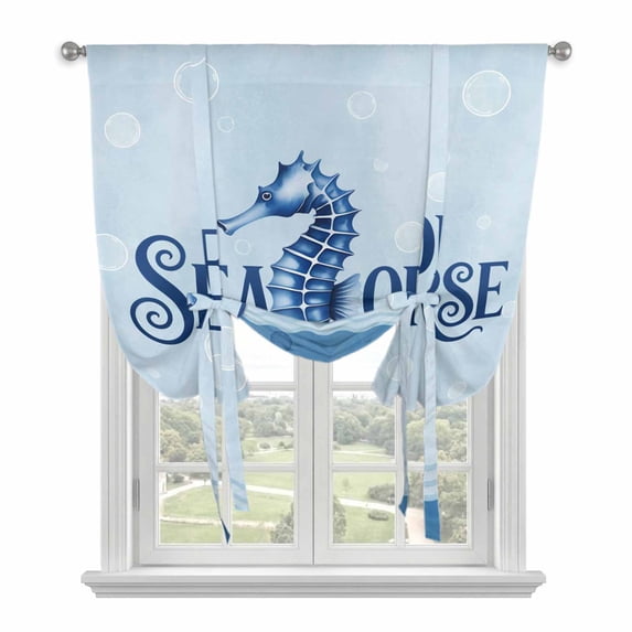 Navy Blue Seahorse Balloon Curtains for Bedroom/Front Door/Bathroom, Summer Coastal Bubbles Ocean Waves Tie Up Curtains 63 Inch Length Light Filtering Kitchen Curtains Shades for Windows 46"x63"