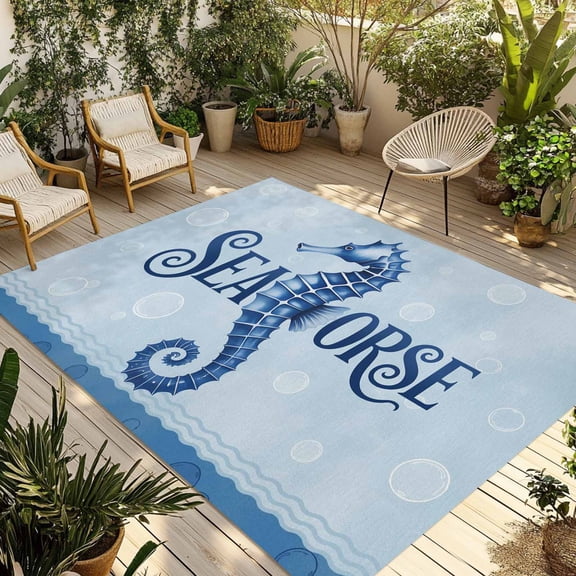 Navy Blue Seahorse Outdoor Rug for Patio/Deck/Porch, Non-Slip Large Area Rug 4 x 6 Ft, Summer Coastal Bubbles Ocean Waves Indoor Outdoor Rugs Washable Area Rugs, Reversible Camping Rug Carpet Runner