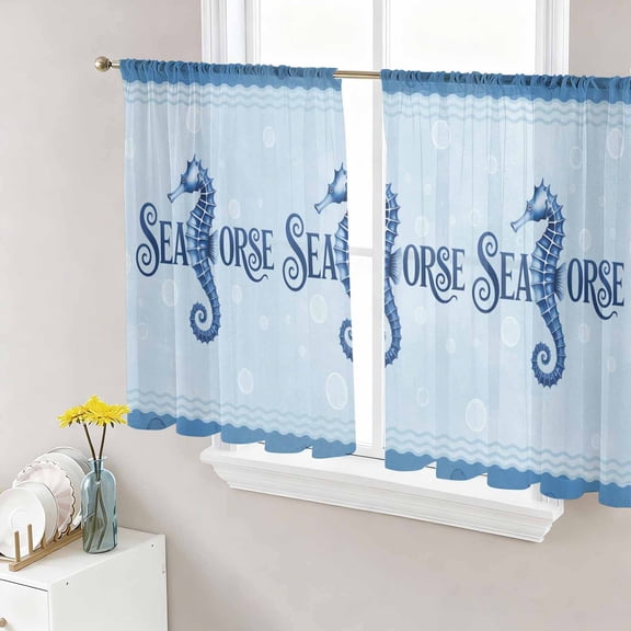 Navy Blue Seahorse Sheer Curtains 45 Inches Length 2 Panels Set, Window Sheer Curtains for Living Room/Bedroom, Summer Coastal Bubbles Ocean Waves Light Filtering Rod Pocket Curtain 52''x45''x2
