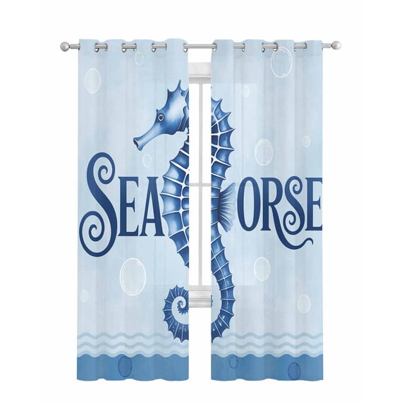 Navy Blue Seahorse Sheer Curtains 84 Inch Length 2 Panels Set for Living Room/Bedroom, Summer Coastal Bubbles Ocean Waves Kitchen Curtains Grommet Semi-Sheer Curtains Window Treatments 42"x84"x2