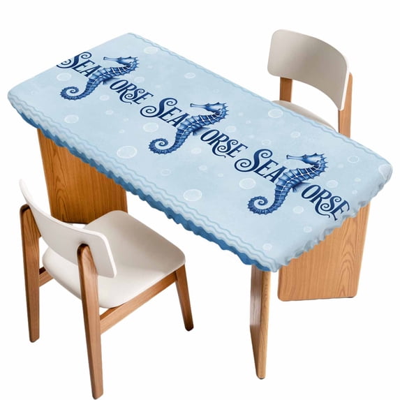 Navy Blue Seahorse Table Cloths for 3 Foot Rectangle Tables, Summer Coastal Bubbles Ocean Waves Patio Waterproof Elastic Fitted Tablecloths, Washable Rectangular Table Cover for Camping