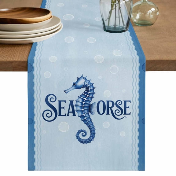 Navy Blue Seahorse Table Runner 60 Inches, Summer Coastal Bubbles Ocean Waves Bed Runner Dresser Scarves Tabletop for Indoor Outdoor Parties/Ceremony/Banquet, 13" x 60"