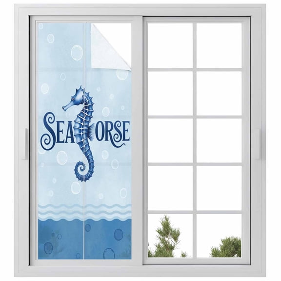 Navy Blue Seahorse Window Privacy Film, Summer Coastal Bubbles Ocean Waves Static Cling UV Sun Blocking Heat Control Window Tint Day and Night, Non-Adhesive One Way Windows Privacy Cover 23.6''x59''
