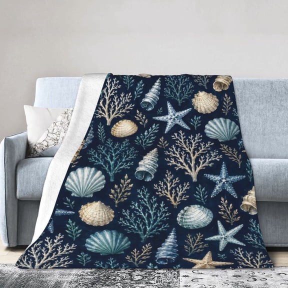 Navy Blue Seashell Starfish Blanket Gift Throw Blanket Gift for Women Coastal Ocean Home Decor 50x40