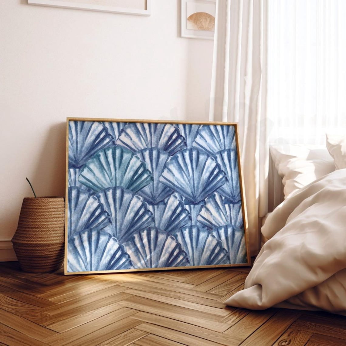 Navy Blue Seashells Wall Art Print, Rustic Nautical Coastal ...
