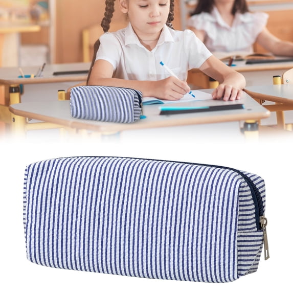Navy Blue Seersucker Pencil Case Large Capacity Pencil Pouch Aesthetic Stationery Organizer Bag with Zipper Closure for Office Travel Makeup Storage