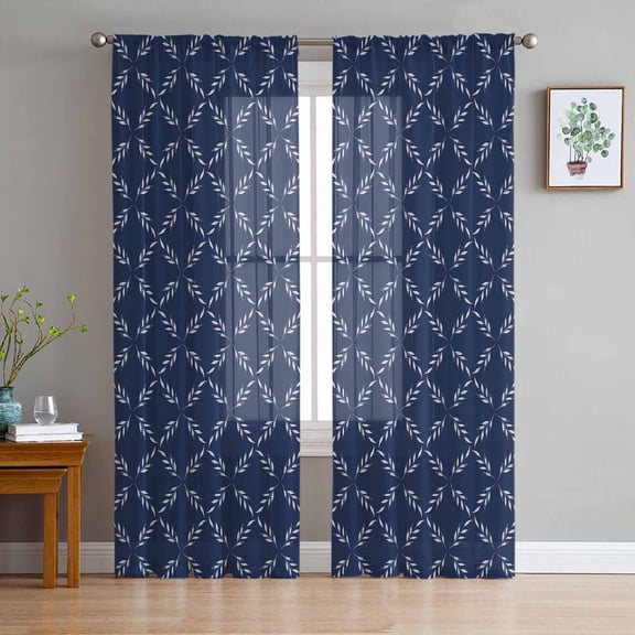 Navy Blue Semi Sheer Curtains 63 Inch Length 2 Panels Set, Geometric Leaf Diamond Plaid Abstract Check Sheer Kitchen Curtain Privacy Voile Window Curtain for Living Room Bedroom Rod Pocket Drapes