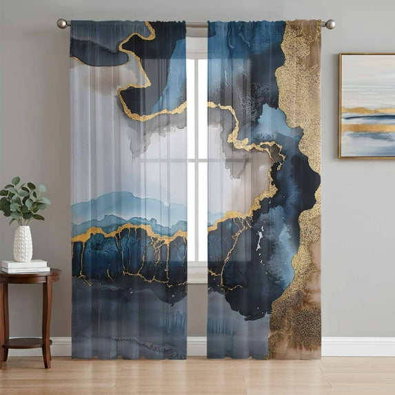 Navy Blue Semi Sheer Curtains 84 Inch Length 2 Panels Set, Abstract Color Block Vintage Modern Sheer Kitchen Curtain Privacy Voile Window Curtain for Living Room Bedroom Rod Pocket Drapes