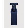 thumbnail image 1 of Navy Blue Sequin Off-Shoulder Ruched Satin Midi Dress, 1 of 5