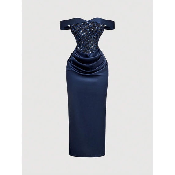 Navy Blue Sequin Off-Shoulder Ruched Satin Midi Dress