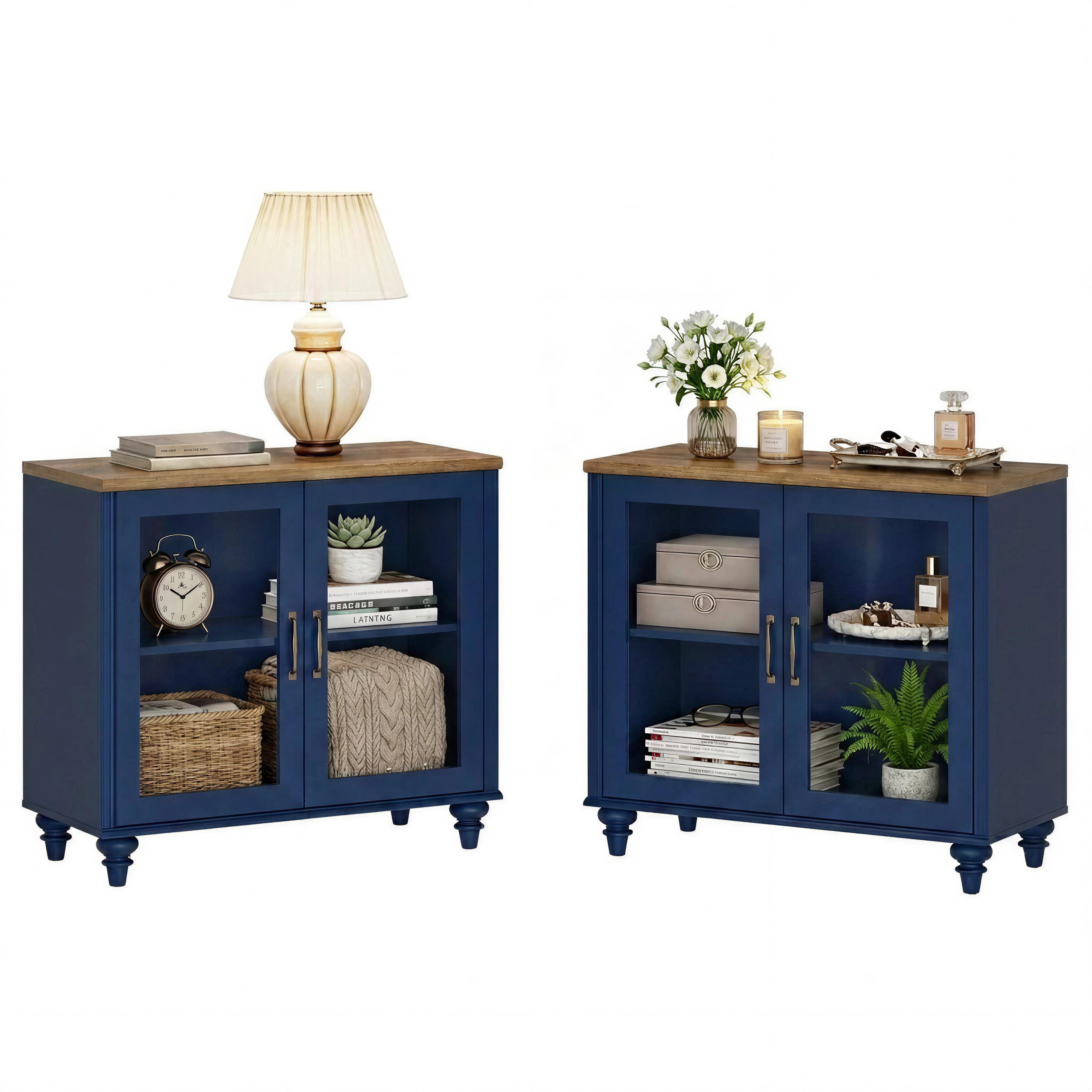 Navy Blue Set of 2 Farmhouse Nightstand with Glass Doors, Mid Century Modern Wide Storage Side Table for Bedroom and Living Room