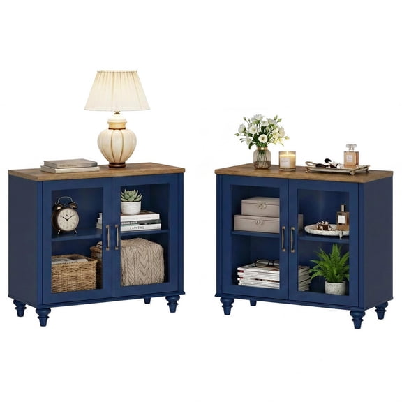 Navy Blue Set of 2 Farmhouse Nightstand with Glass Doors, Mid Century Modern Wide Storage Side Table for Bedroom and Living Room