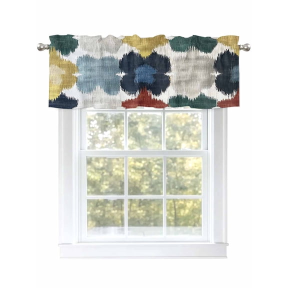 Navy Blue Shabby Curtain Valances for Windows, Green Yellow Abstract Art Kitchen Valance Window Treatment, Light Filtering Block Curtains for Bathroom/Bedroom/Living Room 54'' x 18''