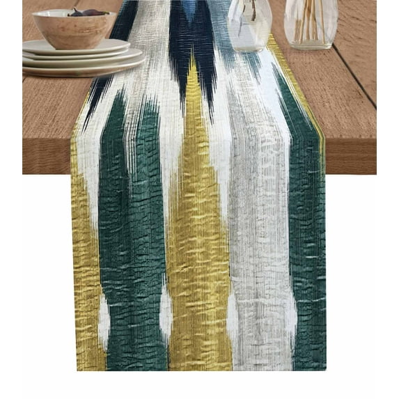 Navy Blue Shabby Table Runner 36 Inches, Green Yellow Abstract Art Bed Runner Dresser Scarves Tabletop for Indoor Outdoor Parties/Ceremony/Banquet, 13"x 36"