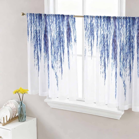Navy Blue Sheer Curtains 45 Inch Length 2 Panels Set, Summer Botanical Leaves Watercolor Voile Window Treatment Rod Pocket Small Kitchen Curtains Drapes for Bedroom 52"x45"x2