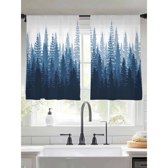 Navy Blue Sheer Curtains 45 inches Long 2 Panels Set Forest Nature Woodland Tree Misty Forest Silhouette Landscape Tiers Sheers Rod Pocket Small Window Curtains for Kitchen Cafe, Each 52" W x 45" L