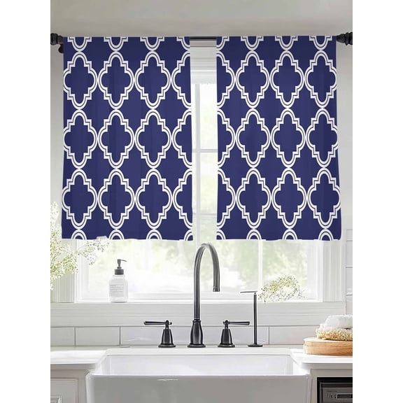 Navy Blue Sheer Curtains 45 inches Long 2 Panels Set Moroccan Geometric Abstract Tiers Sheers Rod Pocket Small Window Short Curtains for Kitchen Cafe, Each 52" W x 45" L