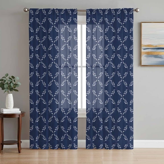 Navy Blue Sheer Curtains 63 Inch Length 2 Panels Set, Geometric Leaf Diamond Plaid Abstract Check Voile Window Treatment Rod Pocket Curtains Sheers Drapes for Bedroom/Living Room/Kitchen 52x"63"x2