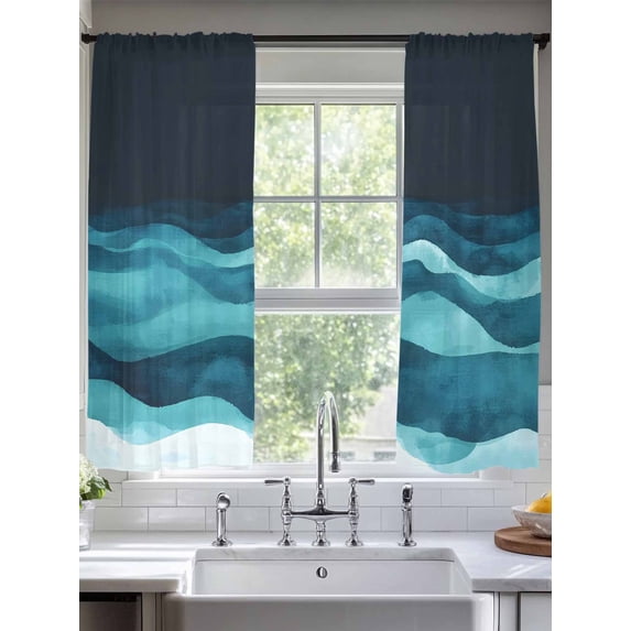Navy Blue Sheer Curtains 72 Inches Long 2 Panels Green Water Ripple Abstract Gradient Coean Waves Light Filtering Semi Sheer Window Curtains Drapes for Bedroom Living Room 52"x72"