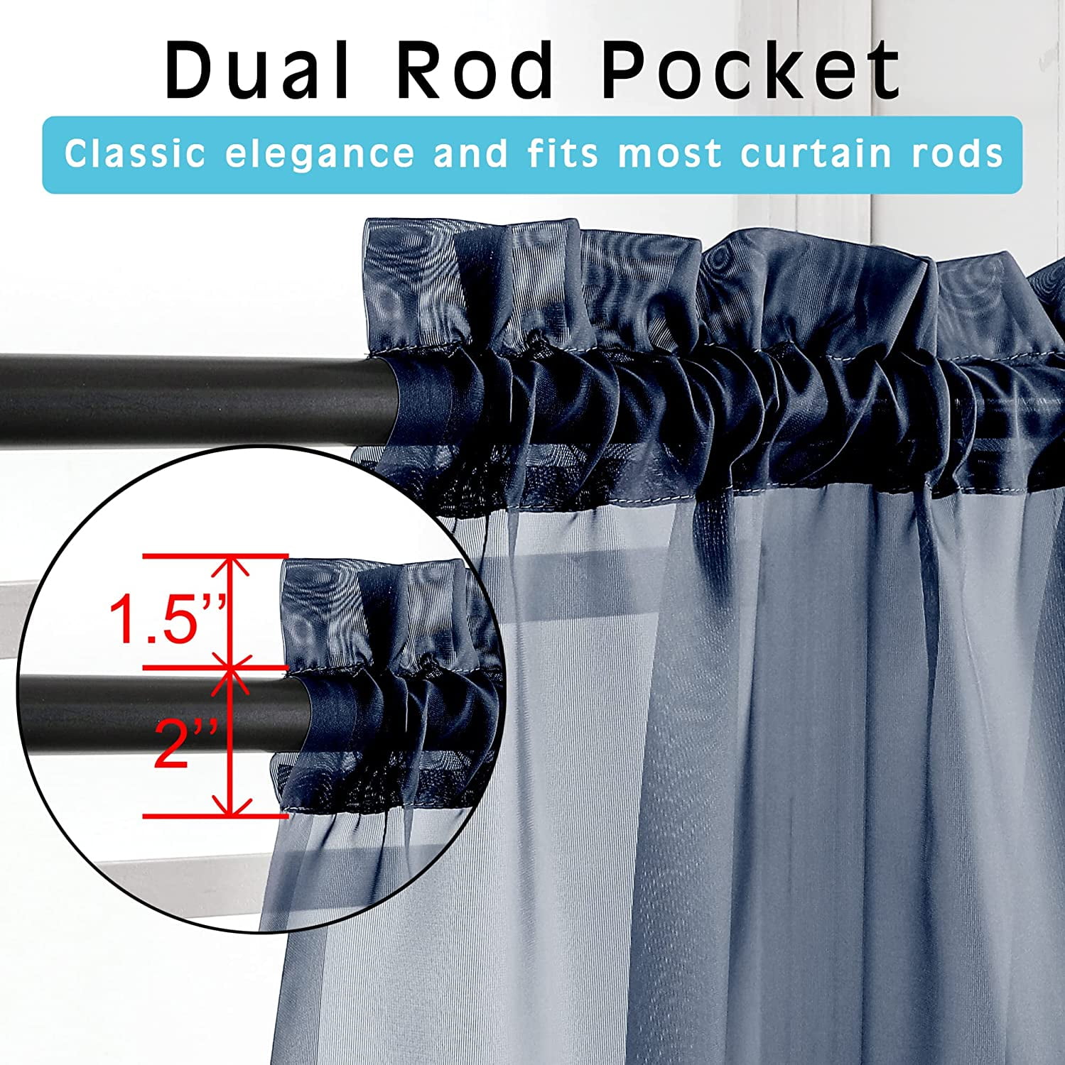Navy Blue Sheer Curtains 72 Inches Long 2 Panels, Transparent Voile ...