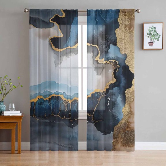 Navy Blue Sheer Curtains 84 Inch Length 2 Panels Set for Living Room/Bedroom, Abstract Color Block Vintage Modern Semi Curtain Sheers Drapes Rod Pocket Curtains Window Treatment Set 52''x84''x2
