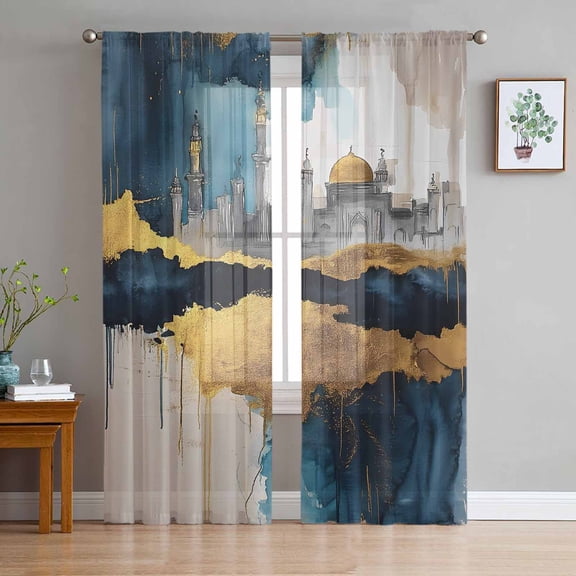 Navy Blue Sheer Curtains 84 Inch Length 2 Panels Set for Living Room/Bedroom, Modern Abstract Color Block Vintage Semi Curtain Sheers Drapes Rod Pocket Curtains Window Treatment Set 52''x84''x2