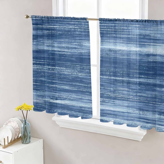 Navy Blue Sheer Curtains for Living Room Bedroom, Modern Abstract Gradient Blue Lines Texture Light Filtering Sheer Curtain Rod Pocket Voile Window Treaments Drapes, 52 x 45 Inches